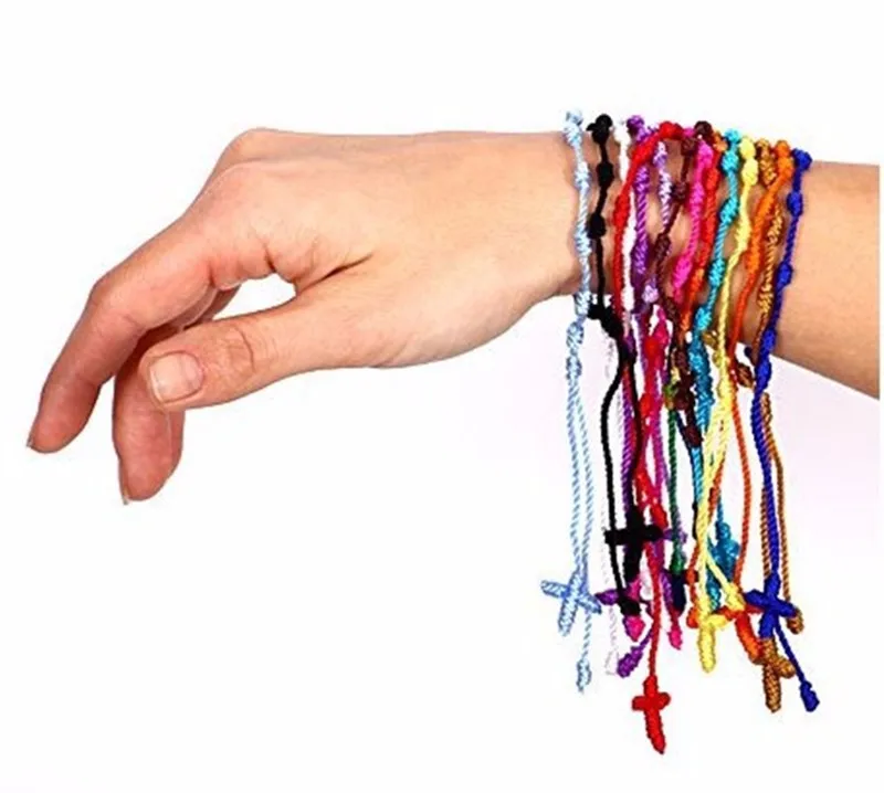 

ABL0277(10), 18 Colors Rosary Religious Bracelet Hand Made Rope Knotted Friendship Bracelets Pulseras Decenarios With Cross