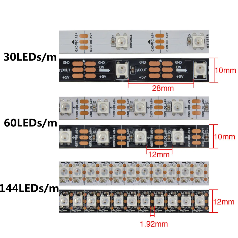 WS2812B WS2812 светодиодные полосы, цифровые индивидуально адресуемые Смарт RGB светодиодные полосы, черный/белый PCB водонепроницаемый IP30/65/67 1~ 5 м DC5V