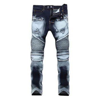 

2019 new men's deep blue high street stretch jeans in slim waist straight tube zipper stitching holes sanding white trousers