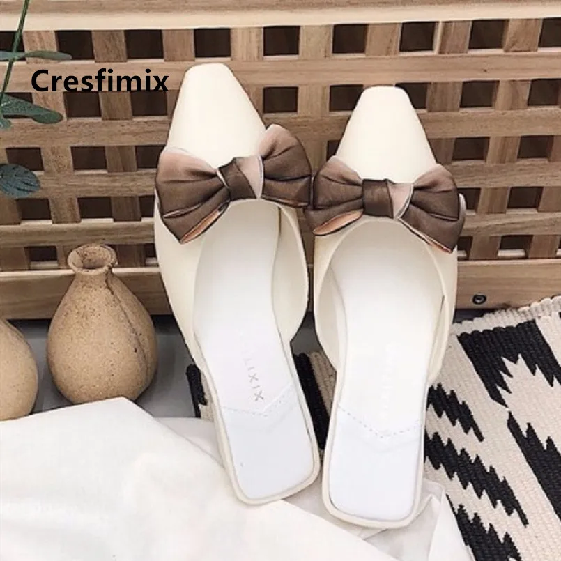 

Cresfimix lady casual home & outside comfortable slip on flat shoes women fashion bow tie slippers casual jelly shoes a5250