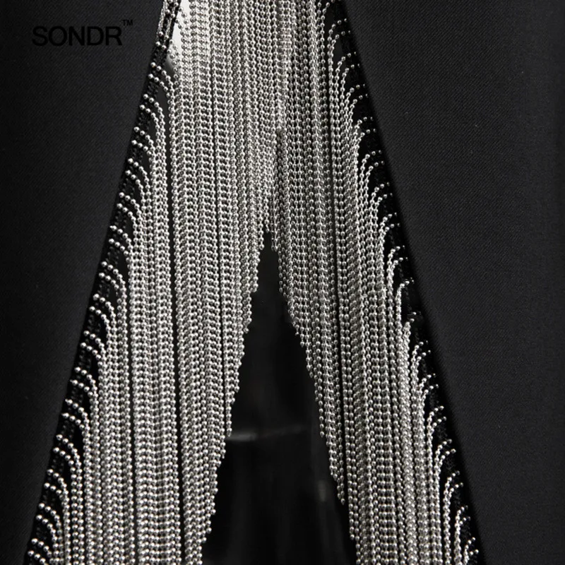 SONDR Heavy Chains Tassel Coats Female Long Sleeve Single Button Backless Irregular Overcoat Women 2019 Spring