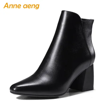

2019 New Genuine Leather Women Ankle Boots High Heels Square Toe Zip Fashion Sexy Ladies Boots Black Women Cow Leather Shoes