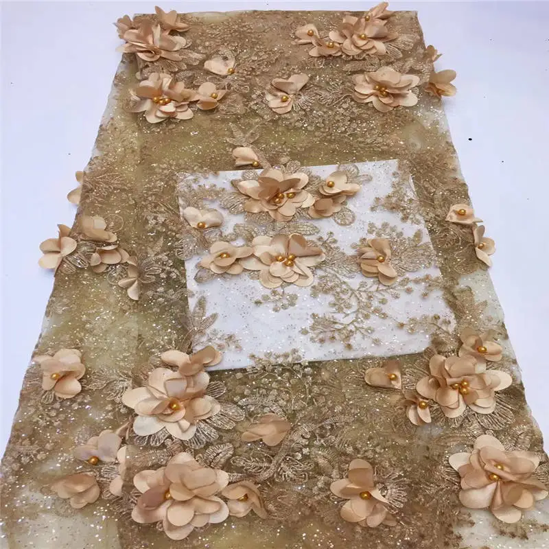 

Nigerian Lace Fabric 2019 High Quality Lace 3d Lace Fabric Wedding Golden African With Beads Nigerian French Lace Fabric KCD990