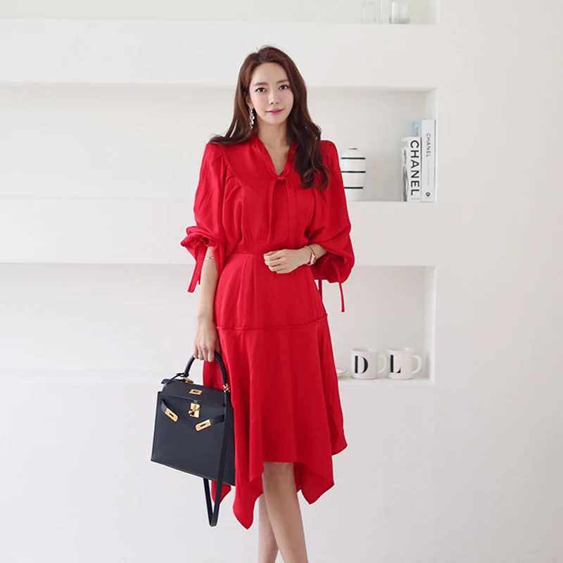 

Elegant Red A-line Women Dress OL Bow Puff Sleeve Swing Dresses Irregular Lace Up Female Mid-length Slim Waist Vestidos 2019