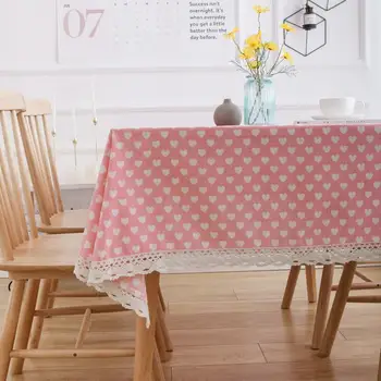 

Lovely Pink Heart Print Table Cloth Pastoral Linen Cotton Kitchen Tablecloth Lace Party Banquet Table Cover Dustsheet ZC070