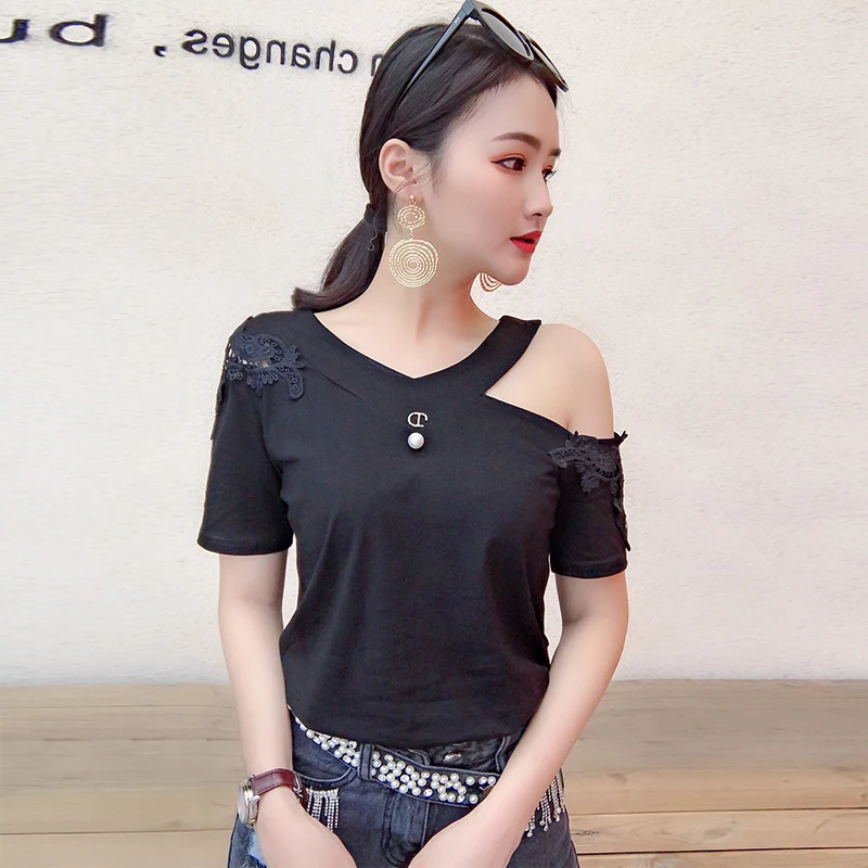 

Korean Hollow Out Embroidery Tshirt Women 2019 Summer New Short Sleeve Pullover Irregularity T-shirt Camiseta Mujer Black T96205