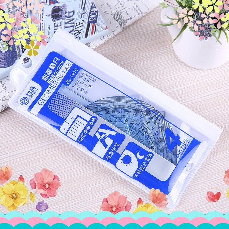 Hot selling 4 pcs/pack Students Maths Geometry Stationery Ruler Set Squares Protractor Supplies