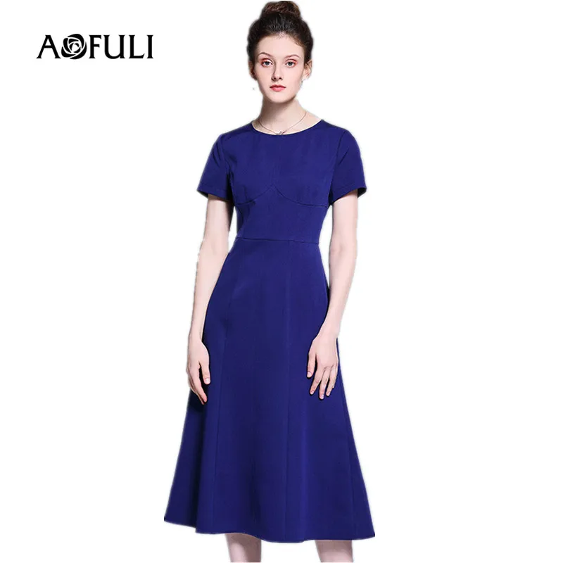 AOFULI Брендовое летнее платье больших размеров L-XXXXL 5XL Новые Женские однотонные синие трапециевидные элегантные офисные платья миди платья - Цвет: Синий