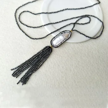 

4 Strands pearl druzy necklace with 2mm hematite beads chain and tassel pendant handmade necklace Jewelry Finding for women NK44