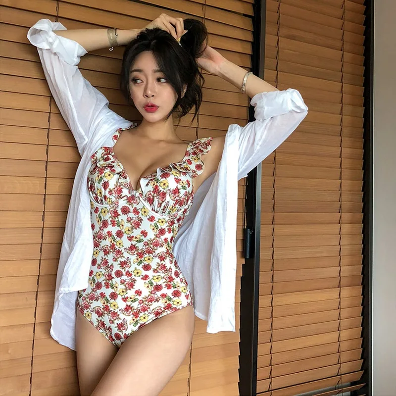 

2019 Women One Piece Push Up Swimsuit High Waist Vintage Floral Swimwear Flouching Monokini Ladies Female Beach Bathing Suit