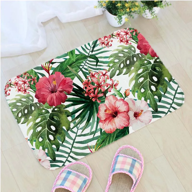 Tropical Plants Printing Bath Mat Flannel Bathroom Non
