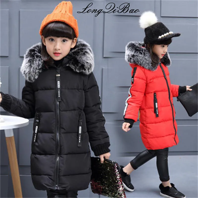 

High quality 2018 girls winter new cotton jacket fashion leather fur collar letter jacket girls thick hooded warm jacket