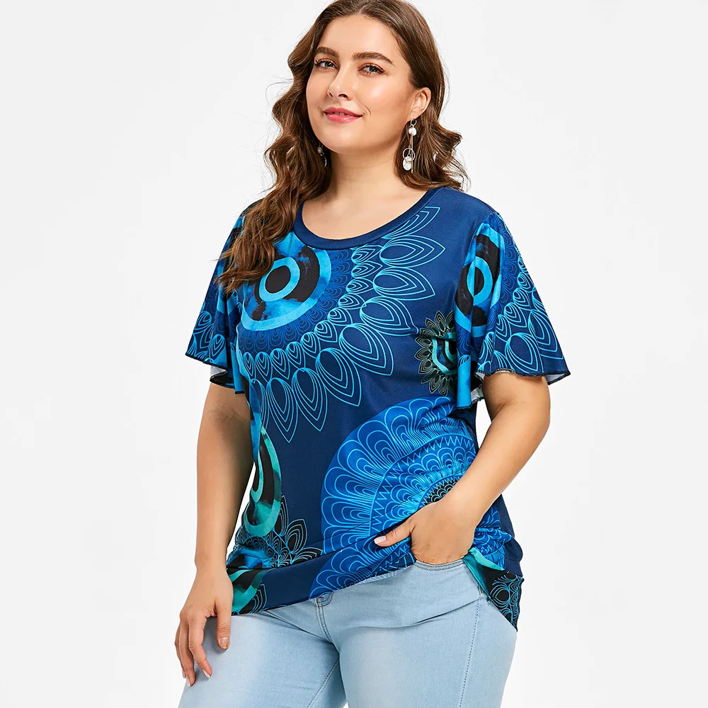 AZULINA Plus Size Print Flutter Sleeve Overlap T-Shirt Women T Shirt 2018 O Neck Short Sleeve Tops Tees Big Size Ladies Clothes