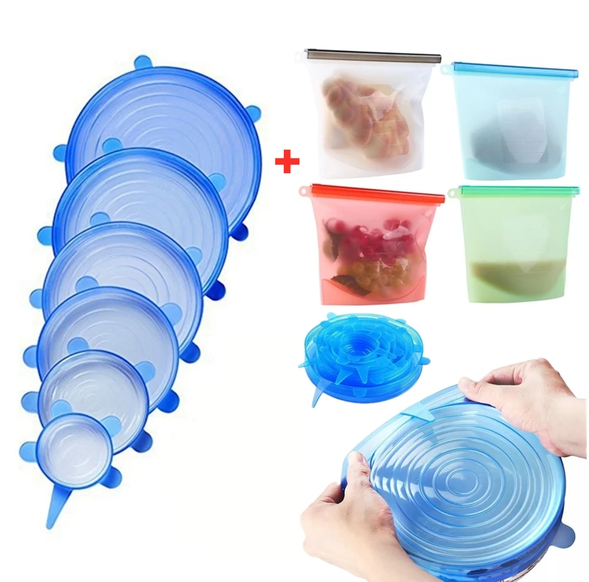 

Silicone Storage Bag Reusable Ziplock Freezer Cooking Fresh Bags,Silicone Stretch Lids, Food Airtight Preservation Bag Container