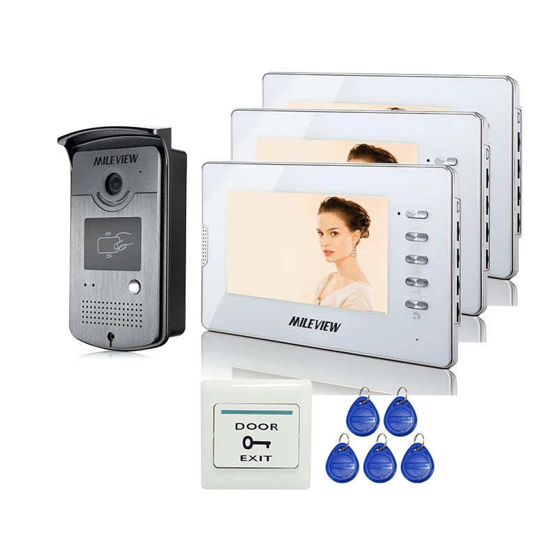 

Brand New 7" TFT Color Video Door Phone Intercom System + 3 White Monitors + RFID Access Reader Doorbell Camera FREE SHIPPING