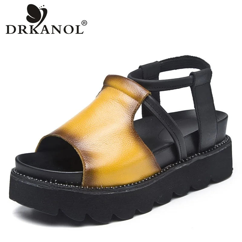 

DRKANOL Fashion Women Wedges Sandals Retro Genuine Leather Open Toe Rivet Platform Sandals Women Summer Shoes Sandalia Feminina