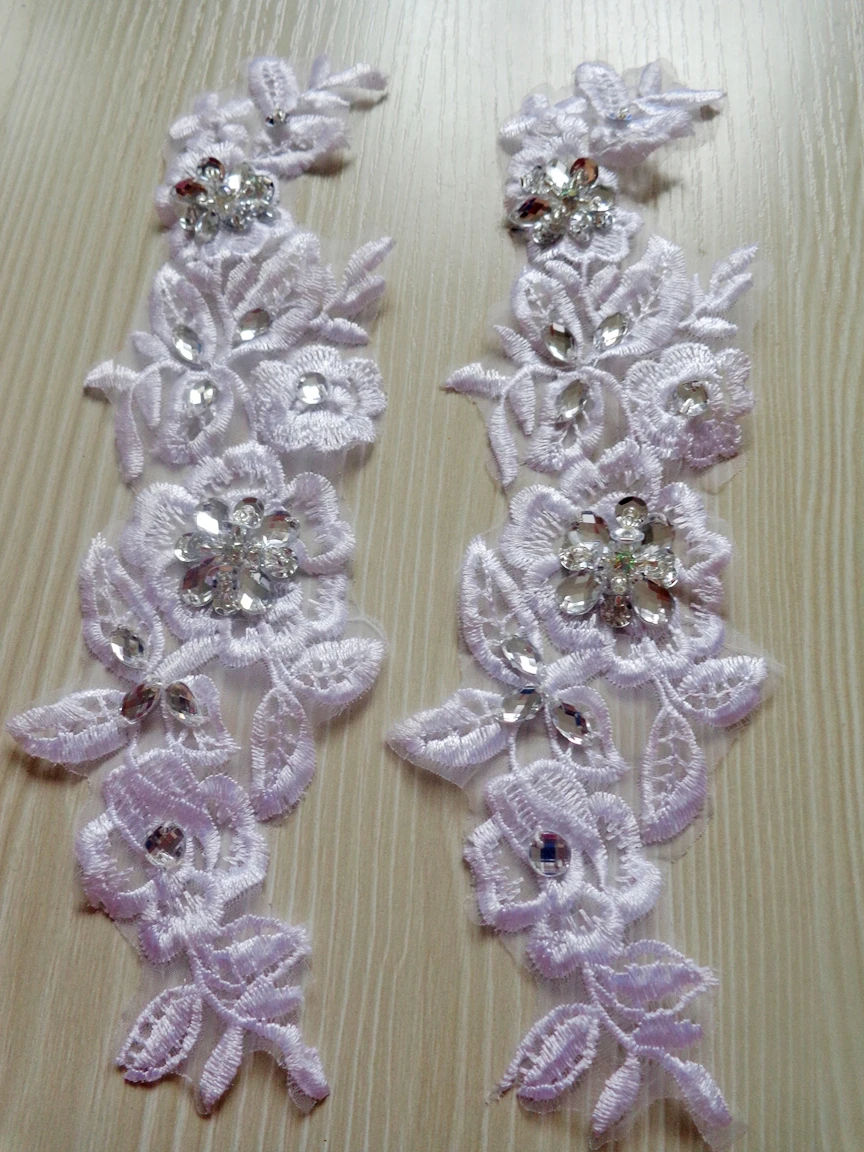 Handmade sew on crystal trim patches pure white lace applique with