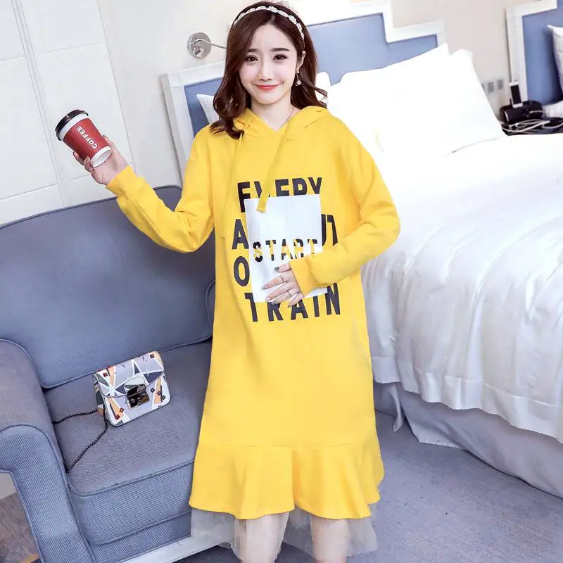 

New fashion plus velvet thickening hooded letter printing sweater stitching set head pregnant women long dress