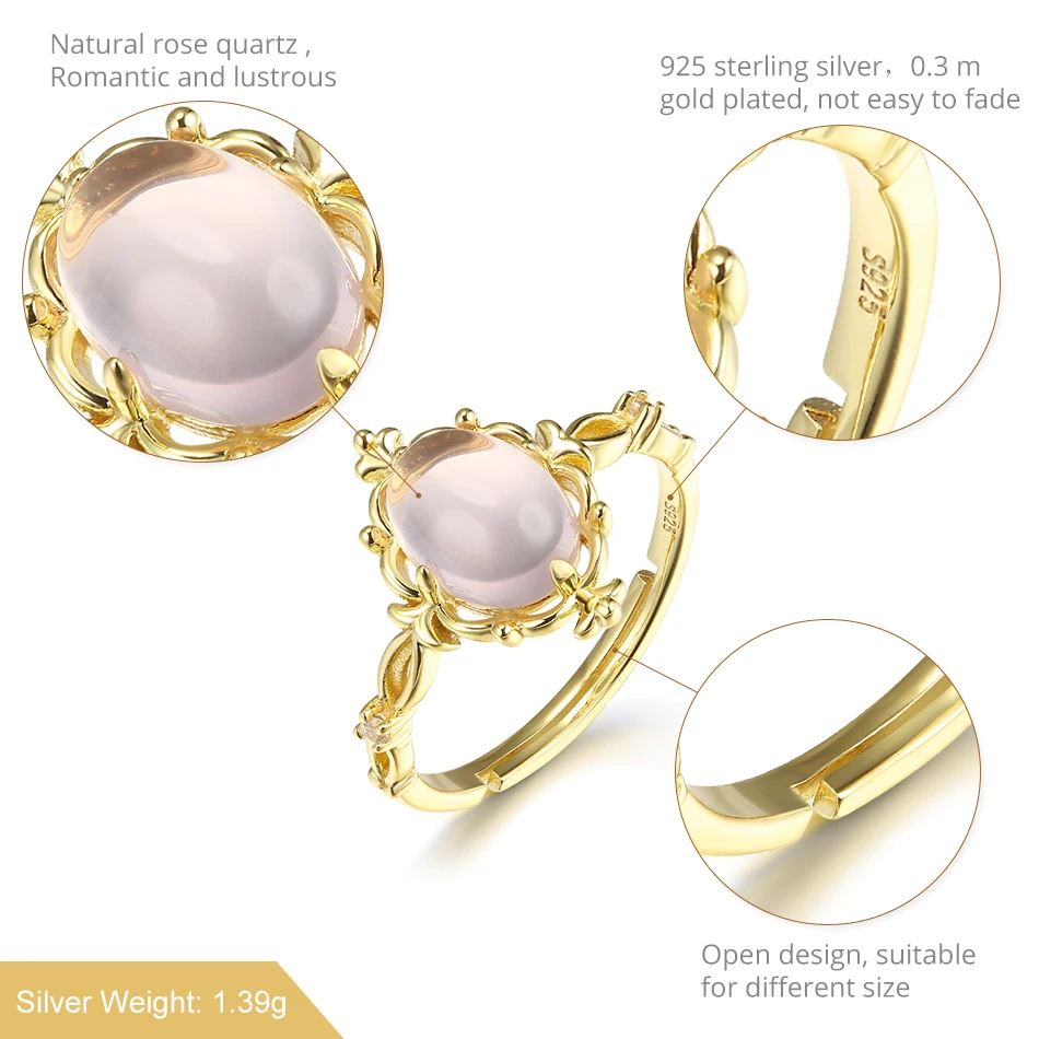 ALLNOEL Silver 925 Rings Fine Jewelry Rose Quartz Ring Natural Stone Crystal Gemstone Fashion Rings For Women 2019 Gold Plated (1)