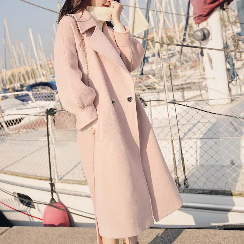 Naiveroo элегантное женское офисное пальто размера плюс, свободная теплая шерстяная Длинная зимняя куртка с отложным воротником и регулируемым поясом - Цвет: Light Pink
