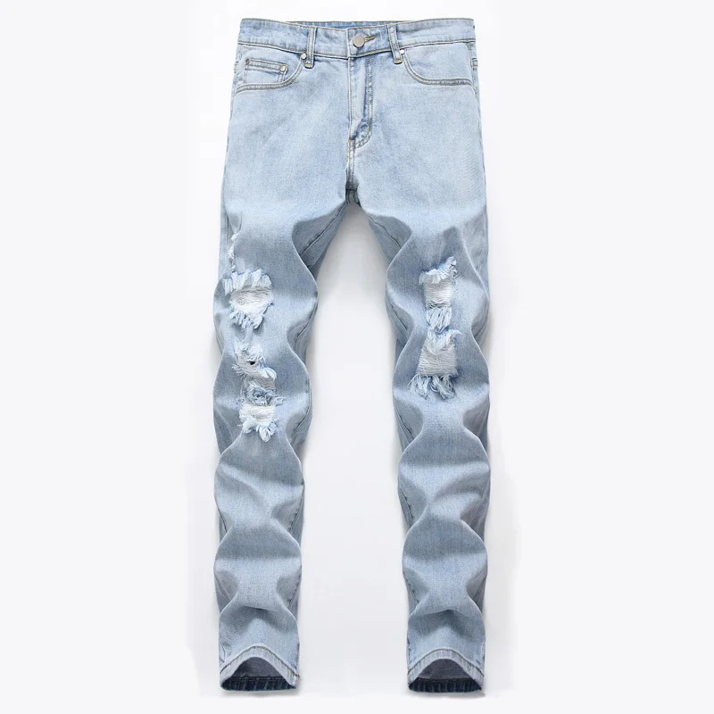 

Fashion High Street Mens Jeans Skinny Fit Elastic Pants Light Blue Destroyed Ripped Jeans Broken Punk Style Hip Hop Jeans Men