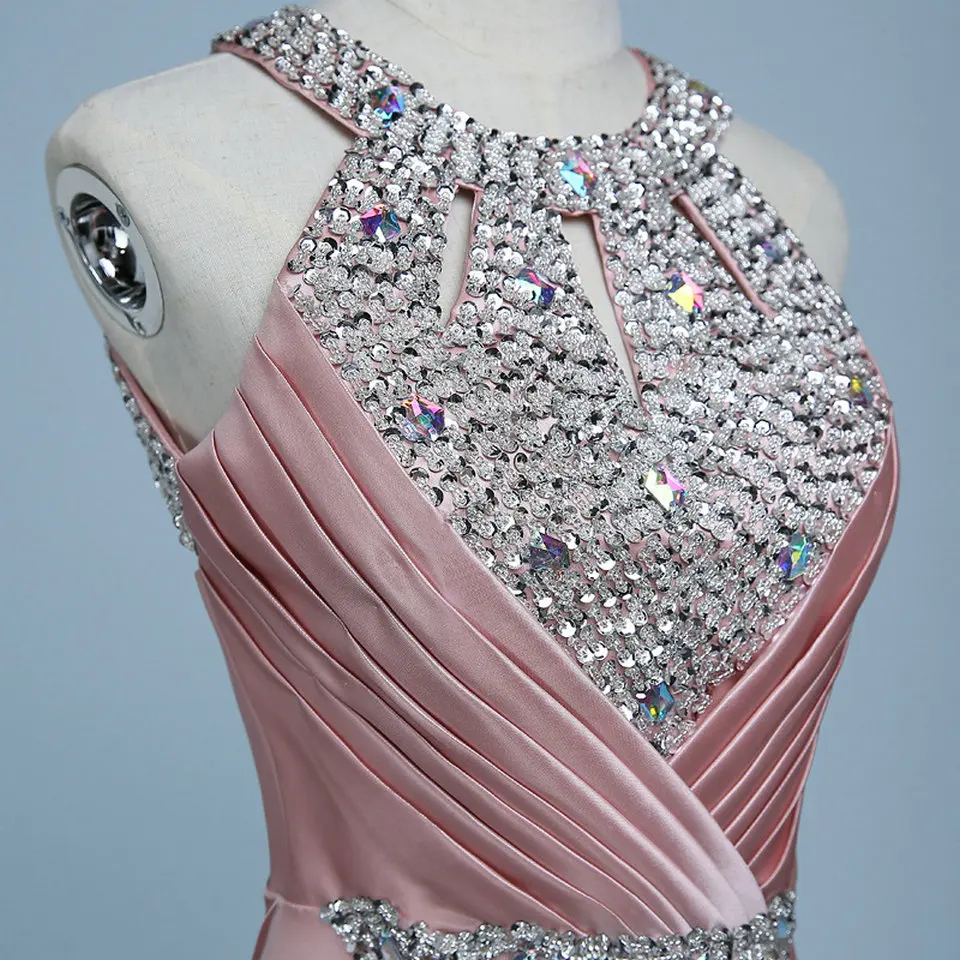 Модное ярко-розовое длинное вечернее платье женские вечерние платья Светоотражающие эластичные атласные Бисероплетение со стразами в пол торжественное платье