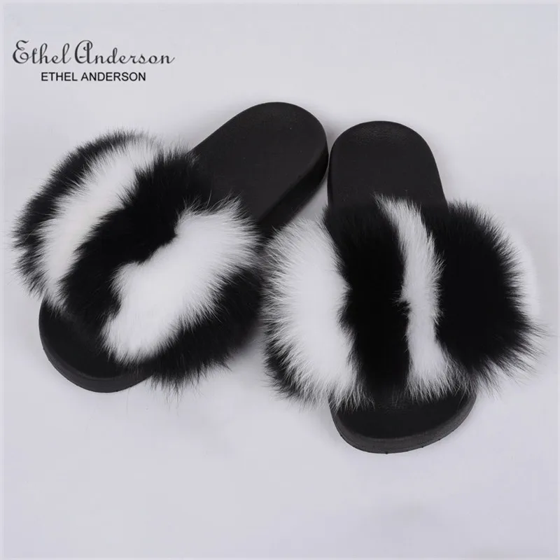 Black White Fox Fur Ethel Anderson/модные тапочки с натуральным мехом енота, летние шлепанцы, повседневные модные сандалии с лисьим мехом, модная плюшевая обувь - Цвет: Black White Fox Fur
