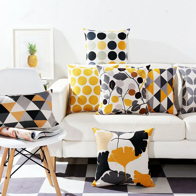 

Enipate Circle Geometric Alphabet Yellow Pillow Cover Geometric Linen Cotton Cushion Cover Decorative Throw Pillow Pillowcase