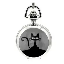 Новая мода комплект серебряного цвета, с милым рисунком кота с зеркальный чехол кварцевые карманные часы Аналоговые подвеска ожерелье унисекс подарки P36