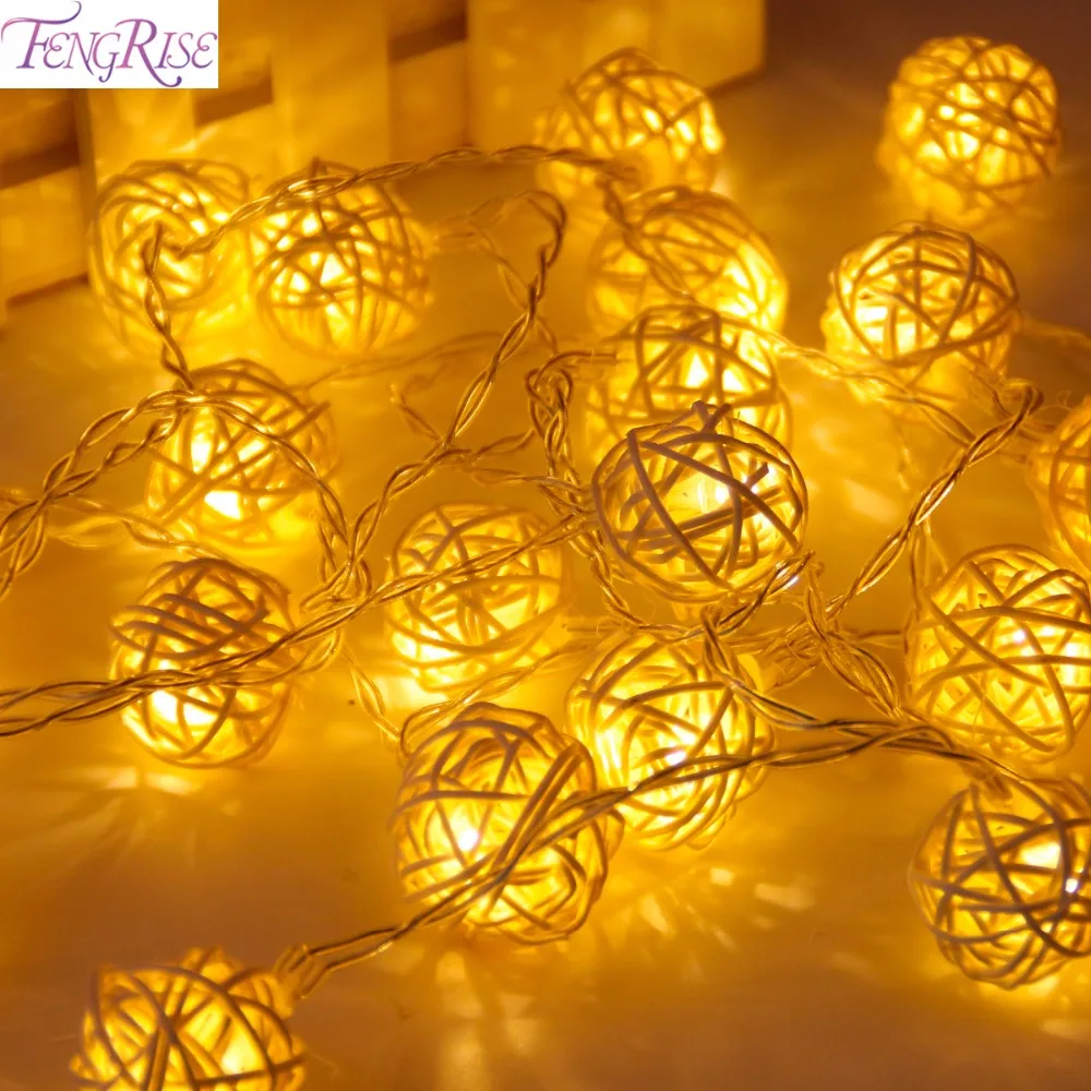 

FENGRISE 2M 20 LED Rattan Ball String Fairy Lights Cotton Ball Light String Wedding Decoration Party Favors Valentines Day Decor