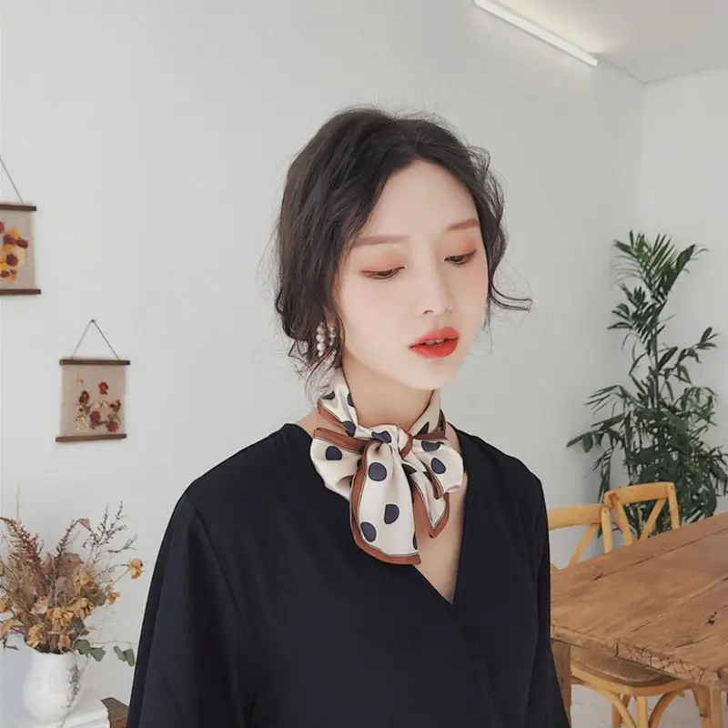 

Women Imitation Silk Double-Sided Print Scarf Contrast Color Vintage Polka Dot Neckerchief Hairband Narrow Strip Tie Bag Ribbons