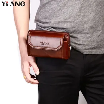 

YIANG Waist Pack Men Bag Brown Belt Bag Fanny Pack Genuine Leather Cowhide Retro Mobile Phones Bags Casual Riding Pouch 2018