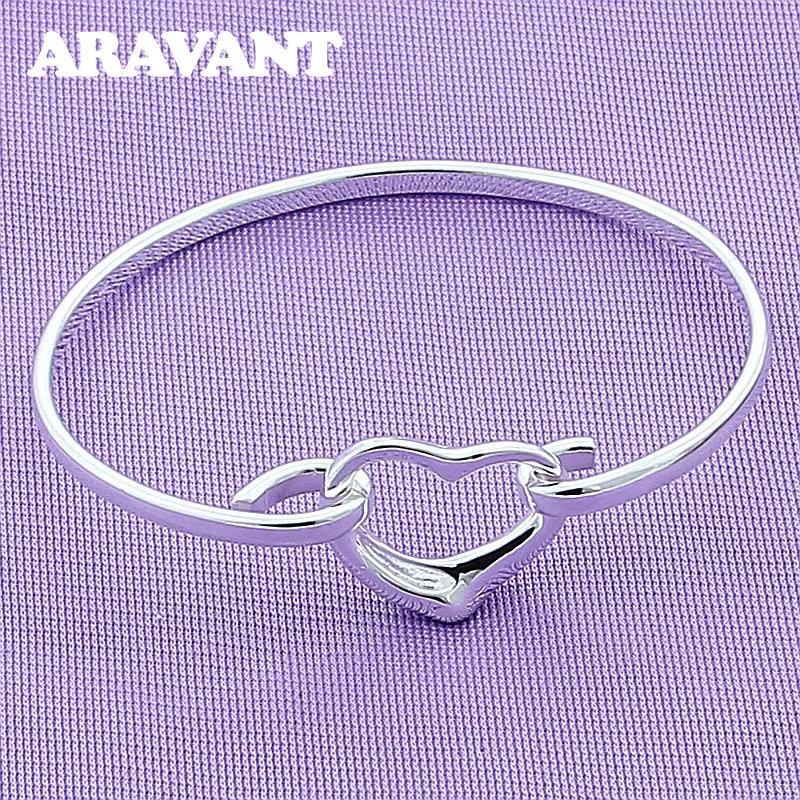 

925 Silver Heart Clasp Bangle Bracelet For Women Valentine Jewelry Gifts