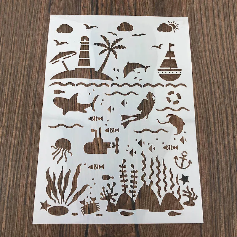 

Ocean World Sticker Painting Stencils for Diy Scrapbooking Stamps Home Decor Paper Card Template Cake Decoration Album Crafts