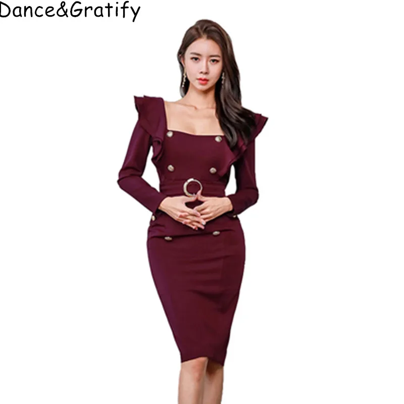 

New Spring Elegant Korean Women Office Work Dress Long Sleeve Ruffles Mid-calf Slim Bodycon Pencil Vestidos Mujer