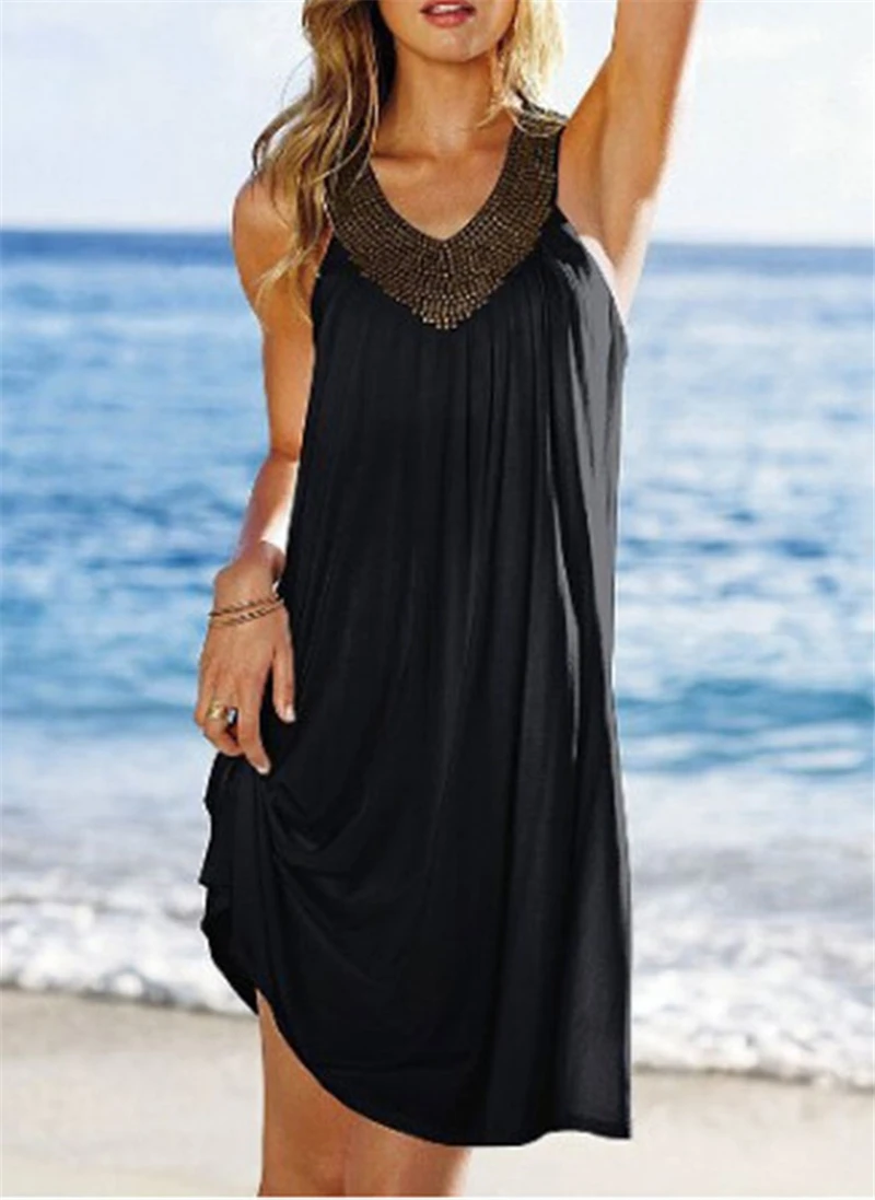 Летние платья Robe Femme Ete, пляжная одежда Boho, женские повседневные платья с v-образным вырезом, лоскутное свободное платье с пайетками