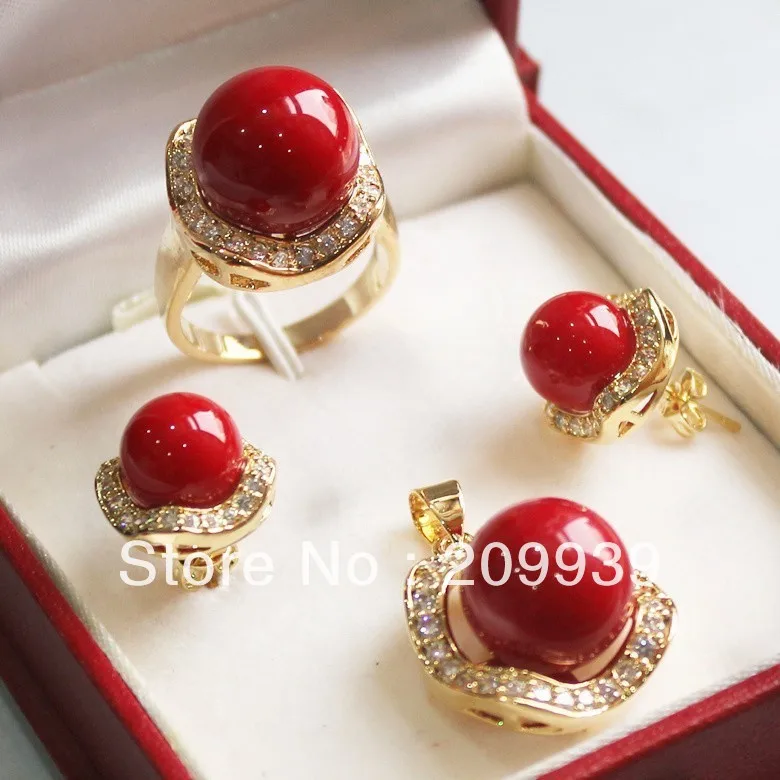 huij 001827 Set 10mm &amp14mm red South sea Shell Pearl Earrings Necklace Ring size 7 8 9 can choose | Украшения и аксессуары