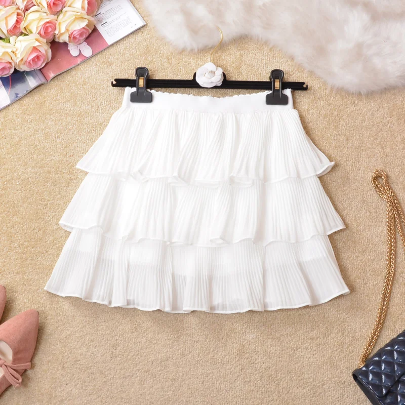 Cena NiceMix 2019 wiosna jesień spódnice nowe słodkie świeże stałe kolor kaskadowe ruffles mesh wysokiej talii plisowane mini ciasto kobiety spódnice