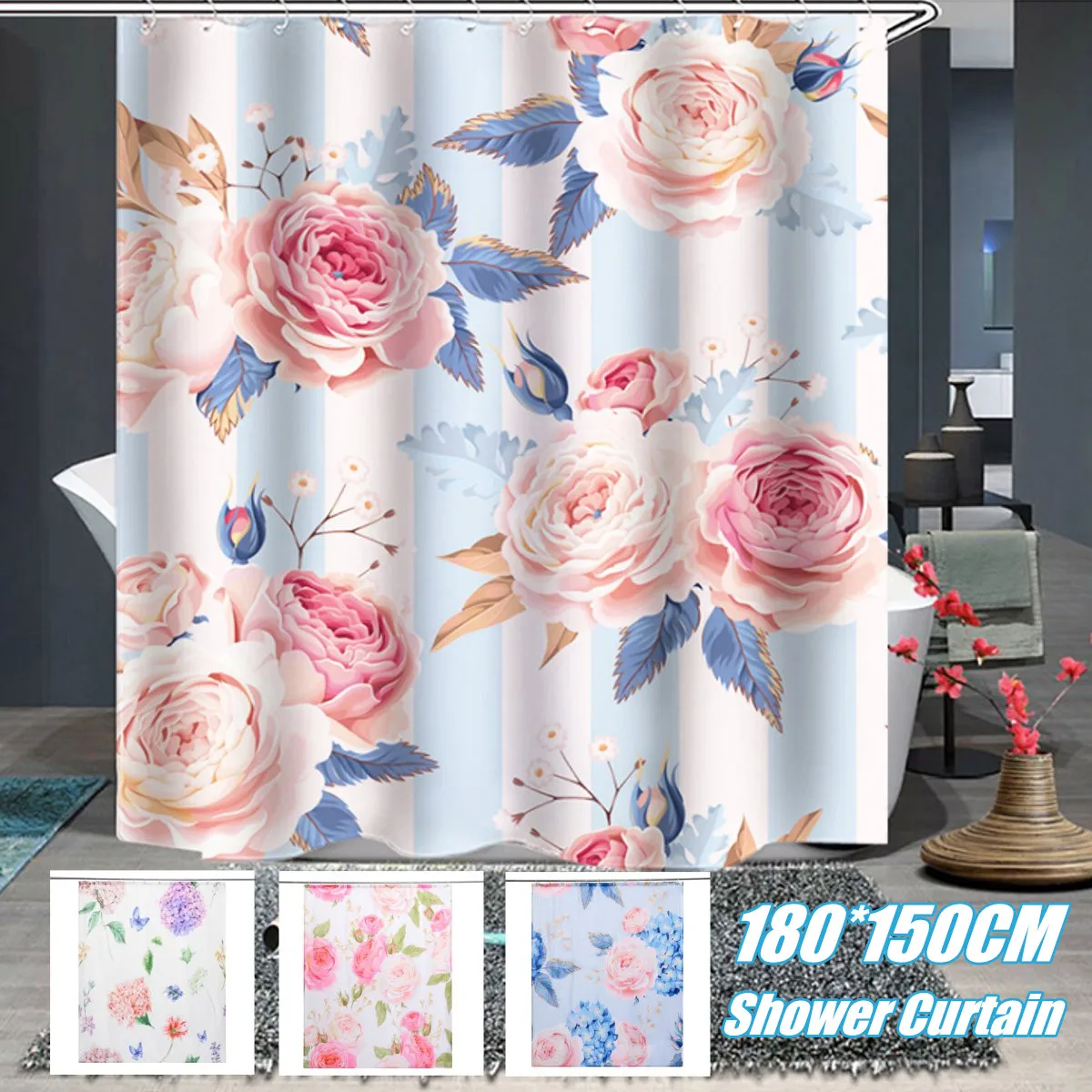 

1.8x1.5M Waterproof Fabric Shower Curtain Bathroom Decor Flower Pattern Water Resistant Shielding Cloth with 12 Hooks