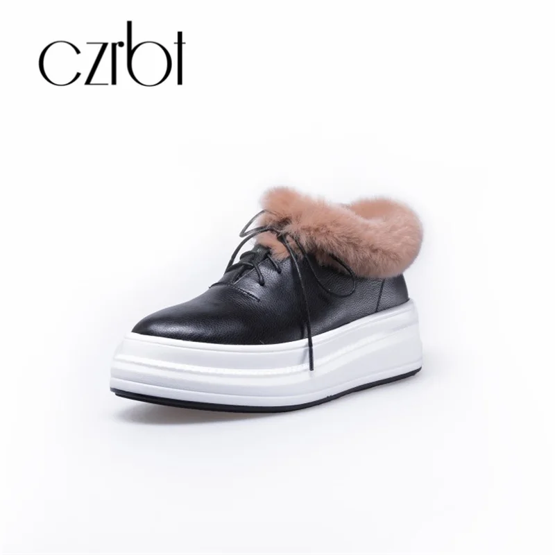 czrbt 2018 New Winter Shoes Women Fashion Rabbit Hair Keep Warm Flat Snow Boots Casual Lace-Up Non-Slip Ankle Boots For Women