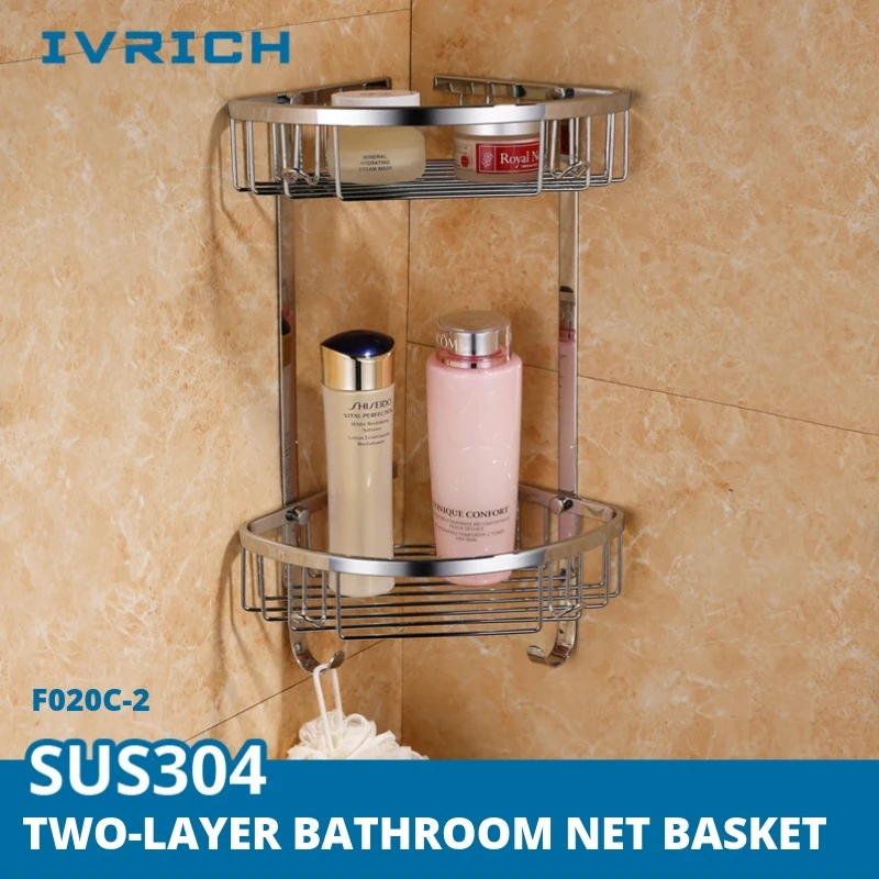 

IVRICH Two-Layer Net Basket Shelf Thickened Steel Bathroom Shelves Strong Bearing Capcity Practical Bath Ball Hook SH002