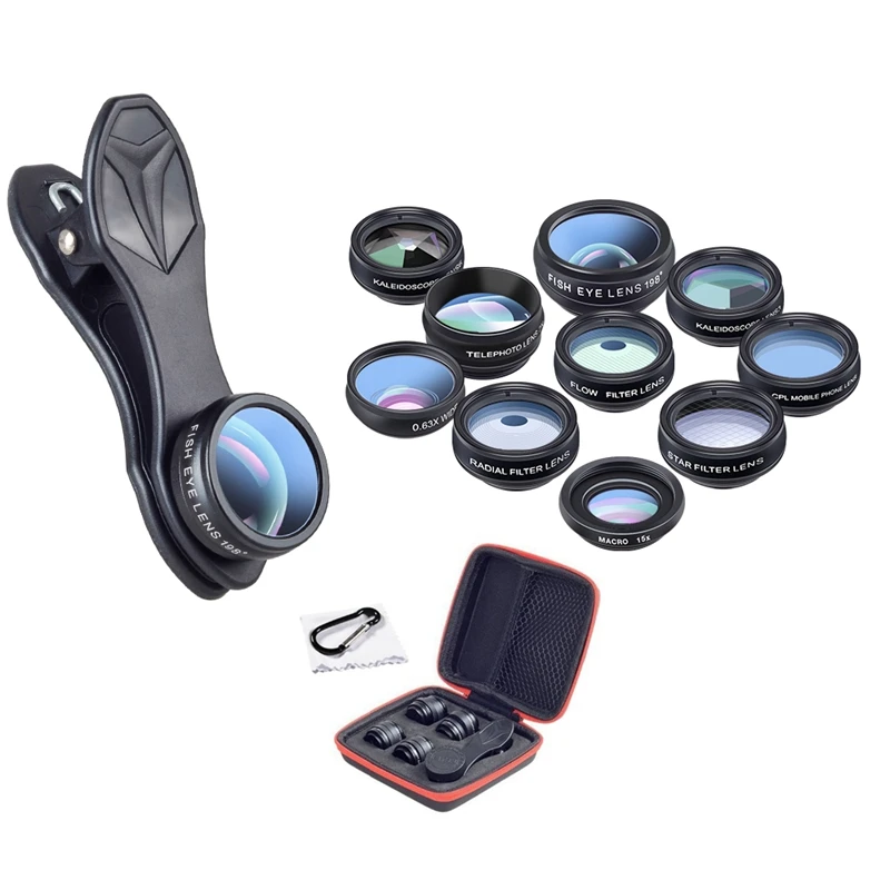 Apexel набор объективов для телефона Универсальный 10 в 1 Рыбий глаз Широкоугольный макро объектив Cpl фильтр калейдоскоп + 2X телескоп объектив