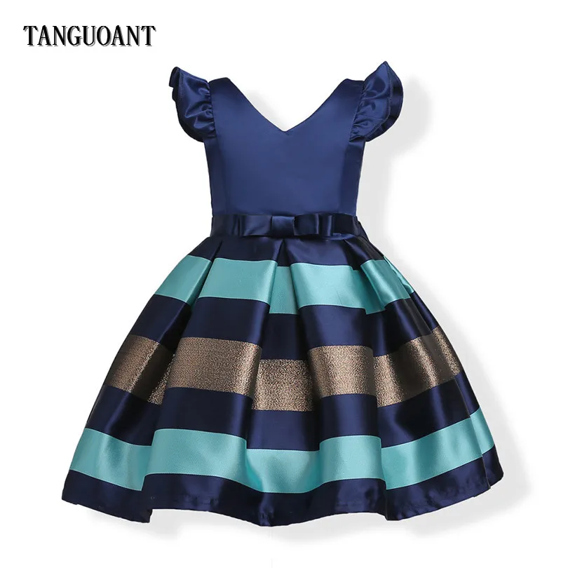 

TANGUOANT Baby Girls Formal Wedding Party Dresses Kids Princess Christmas Dress Party Striped Dress costume Children Clothing