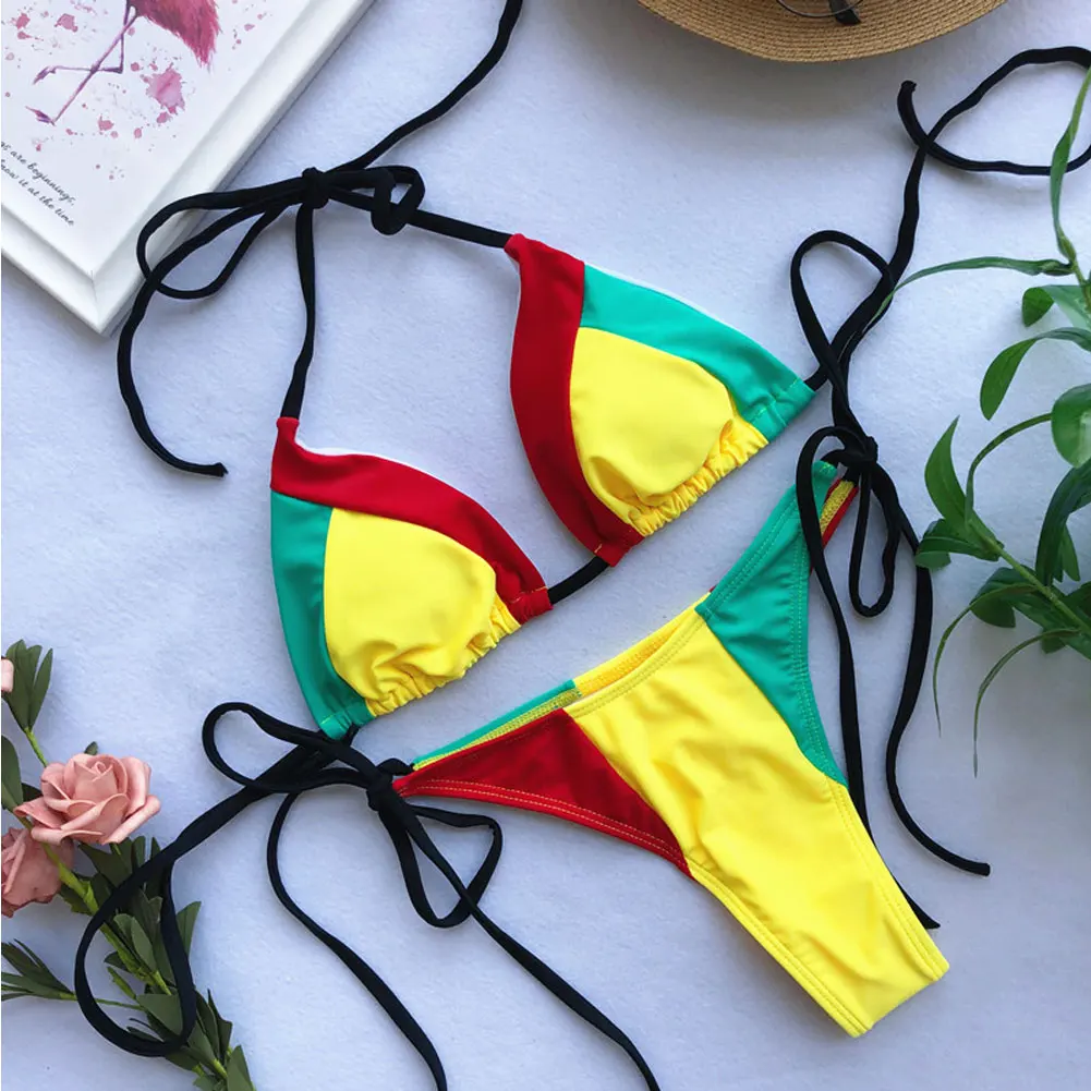 Разноцветное Сексуальное Женское неоновое бикини, набор пуш-ап, треугольный мягкий бандаж, купальник, бикини, купальный костюм, пляжная одежда