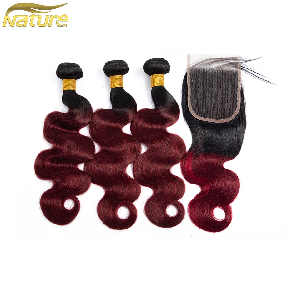 

NatureHERE 3 Bundles With Closure Ombre Brazilian Straight Human Hair Bundles Weave 1b/99j Non Remy Blonde Lace Closure