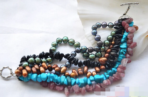 

free shipping 01348 6row 8" green gray coffee pearl agate turquoise bracelet