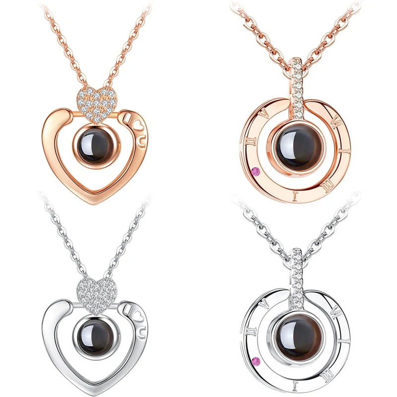 

New Rose Gold Silver Love Memory Wedding Necklace 100 Languages I Love You Projection Pendant Necklace Drop Shipping