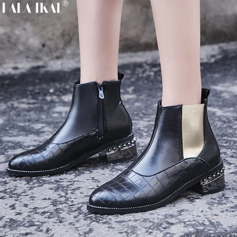 

LALA IKAI Ankle Boots For Women Winter Rivet Square Heels PU Leather Chelsea Boots Zipper Ladies Boots Femininas XWC2377-5