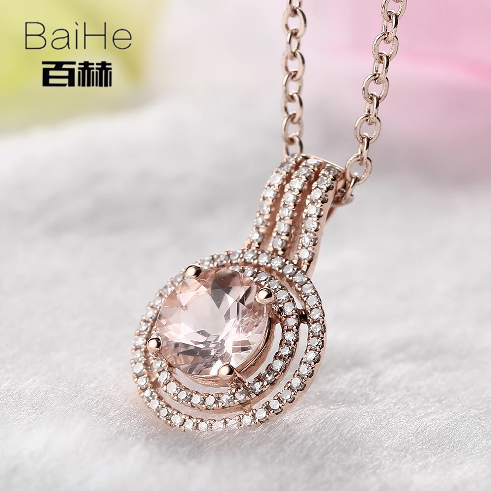 BAIHE Solid 10 K розовое золото 1.3ct безупречный круглый подлинный морганит и натуральные бриллианты Классический женский изящный ювелирный элегантный кулон