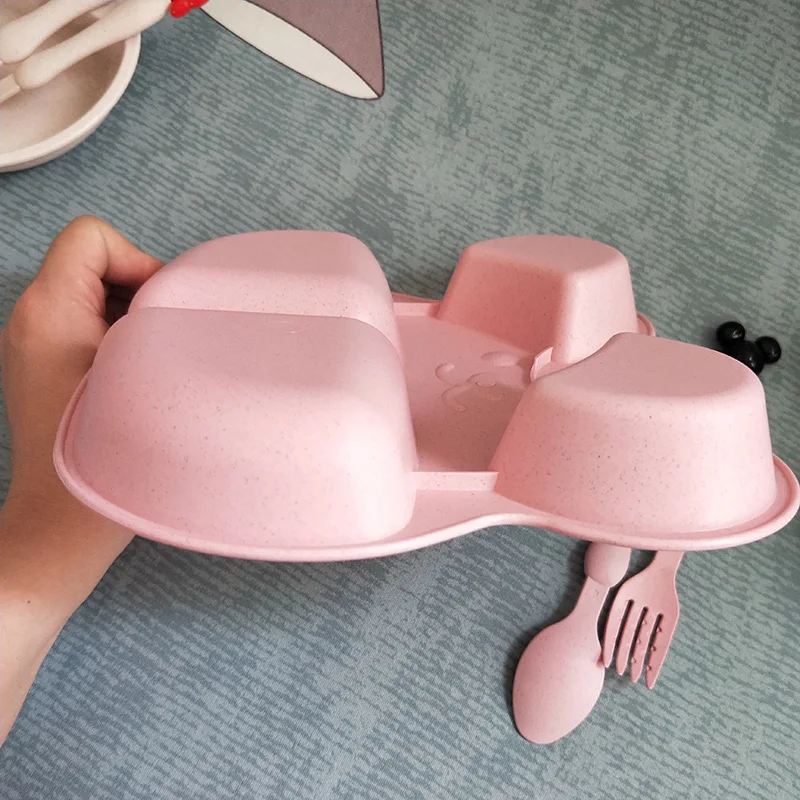Wheat straw plates baby training bowl plate+spoon+fork cute bear baby tableware set kids dishes OPP packaging Wheat straw plates baby training bowl plate+spoon+fork cute bear baby tableware set kids dishes OPP packaging